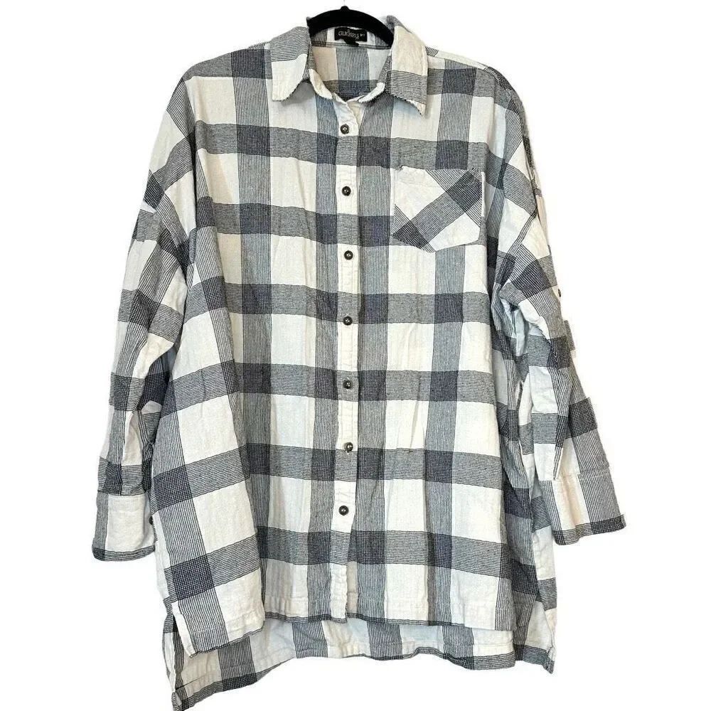 Audrey 3+1 Plaid Roll Tab Long Sleeve Button-Up Shirt  Black & White Medium